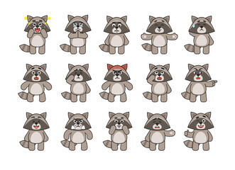 Set of raccoon mascots showing various emotions. Cute raccoon amazed, begging, sad, angry, in rage, suspicious, showing silly face and other emotions. Vector illustration bundle © paper_owl
