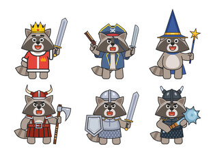 Fototapeta premium Set of raccoon mascots in various fantasy, medieval outfits. Racoon king, pirate, mage, viking, warrior, knight. Vector illustration bundle