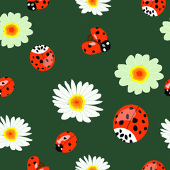 seamless pattern with ladybirds and flowers