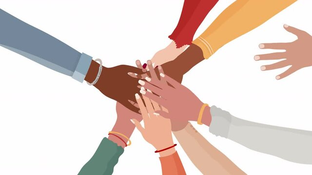 Group diverse arms and hands in a circle on top of each other. Mixed race. Racial equality. Different Nationalities. Diverse multiethnic and multicultural cultures. Antiracism. Teamwork
