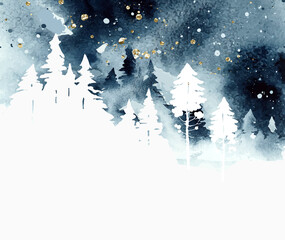 Watercolor stylish vector illustration with forest under night sky in blue, golden and white colors. Сoniferous forest and abstract watercolor vector splashes