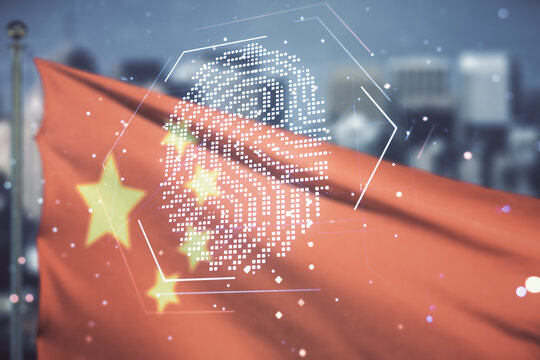 Abstract virtual fingerprint hologram on flag of China and blurry cityscape background. Multiexposure - Powered by Adobe