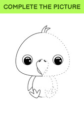 Complete drawn picture of cute parrot. Coloring book. Dot copy game. Handwriting practice, drawing skills training. Education developing printable worksheet. Activity page. Vector illustration.