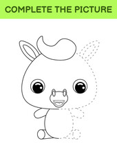 Complete drawn picture of cute horse. Coloring book. Dot copy game. Handwriting practice, drawing skills training. Education developing printable worksheet. Activity page. Vector illustration.