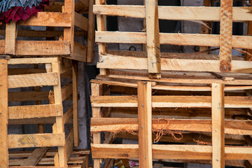 Rustic wooden boxes texture. Empty package of ecological materials. Wooden crates from fruit or food delivery