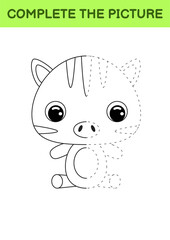 Complete drawn picture of cute zebra. Coloring book. Dot copy game. Handwriting practice, drawing skills training. Education developing printable worksheet. Activity page. Vector illustration.