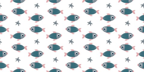 Children's seamless pattern on the marine theme. Ocean and travel design for kids. Children's textile design