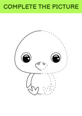 Complete drawn picture of cute chick. Coloring book. Dot copy game. Handwriting practice, drawing skills training. Education developing printable worksheet. Activity page. Vector illustration.