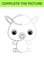 Complete drawn picture of cute alpaca. Coloring book. Dot copy game. Handwriting practice, drawing skills training. Education developing printable worksheet. Activity page. Vector illustration.