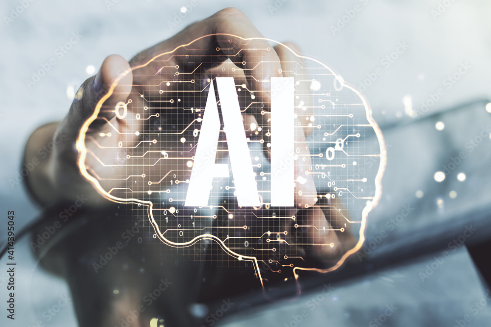 Aufkleber creative artificial intelligence concept with human brain hologram and finger clicks on a digital ta