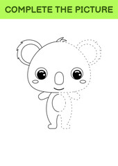 Complete drawn picture of cute koala. Coloring book. Dot copy game. Handwriting practice, drawing skills training. Education developing printable worksheet. Activity page. Vector illustration.