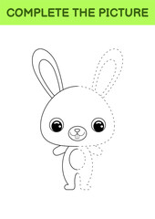 Complete drawn picture of cute bunny. Coloring book. Dot copy game. Handwriting practice, drawing skills training. Education developing printable worksheet. Activity page. Vector illustration.