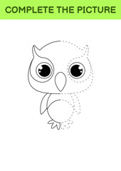 Complete drawn picture of cute owl. Coloring book. Dot copy game. Handwriting practice, drawing skills training. Education developing printable worksheet. Activity page. Vector illustration.
