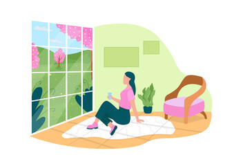 Watching spring flowers through home window 2D vector web banner, poster. Woman sitting in living room flat character on cartoon background. Springtime printable patch, colorful web element