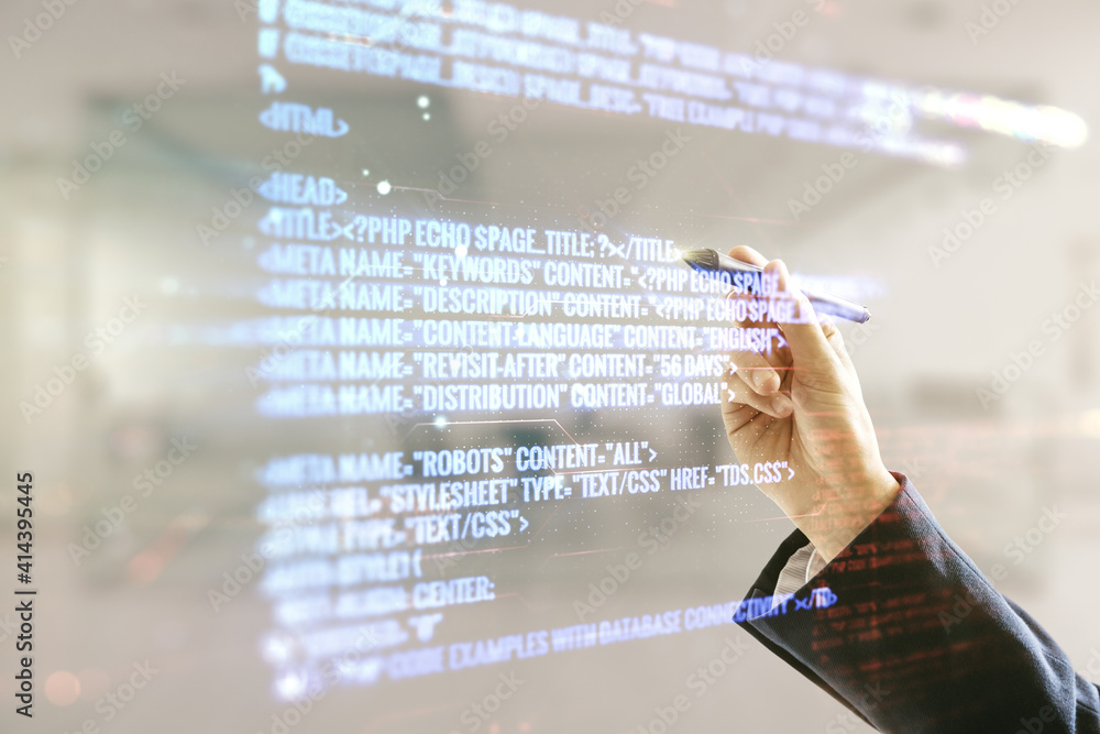 Poster multi exposure of developer hand with pen working with abstract programming language hologram on blu