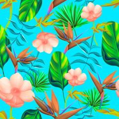Fototapeta na wymiar Colourful Seamless Pattern with tropic flowers and leaves.
