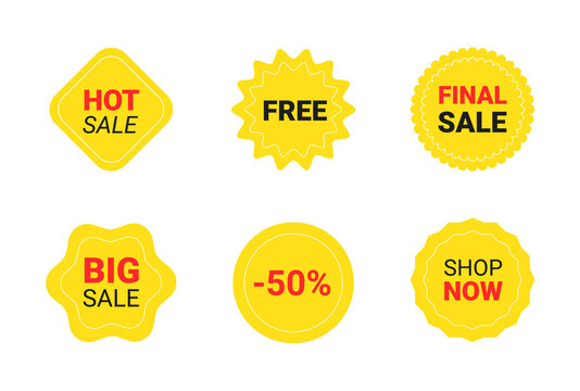 Starburst sticker set for promo sale. Vector badge shape with text - star and roundburst label, price offer promotion. Simple collection of yellow stickers for promotion isolated on white background