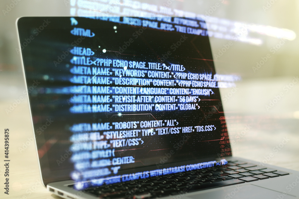 Poster double exposure of abstract creative programming illustration on computer background, big data and b