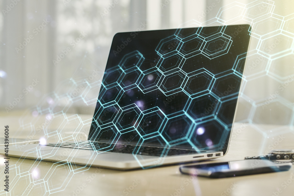 Poster Creative concept of wireless technology with hexagon hologram on modern laptop background. Big data and database concept. Multiexposure