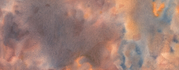 Narrow art background of watercolor stains in natural colors. Terracotta with shades of blue,...
