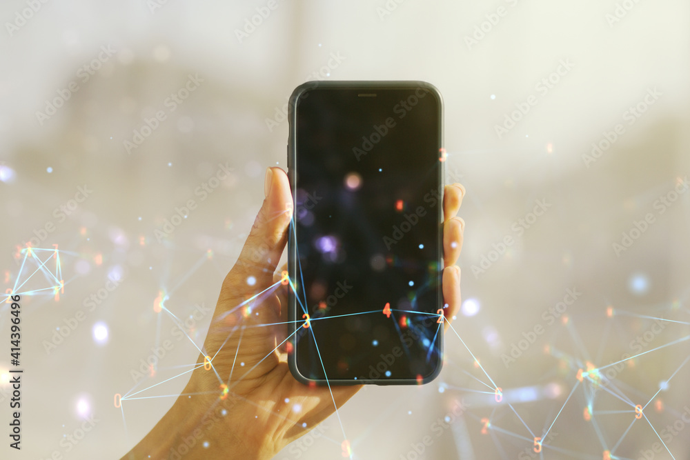 Poster Creative abstract technology sketch and hand with cellphone on background, future technology and AI concept. Double exposure