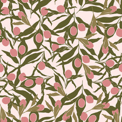 Seamless pattern with pink berries and green leaves