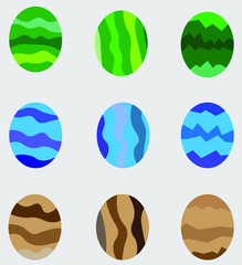 Multicolored Easter eggs with patterns. Blue, green, brown. Happy Easter!
