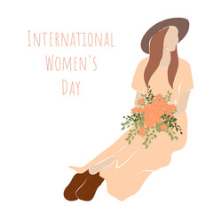 Obraz na płótnie Canvas International women's day postcard with girl in dress with orange flowers in her hands