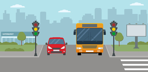 Red car and bus stopped at a traffic light. Modern city life illustration.  Panoramic view. Flat style, vector illustration.