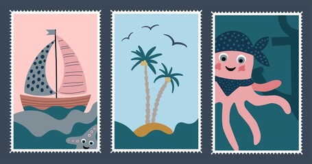Postage stamps in a marine theme. Octopus, boat children's illustration. Stickers for children. Vector illustration