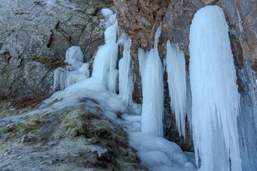 Large frozen icicles on a small waterfall at Hovs hallar nature reserve in Sweden. Abstract shapes of ice hanging from mountain.