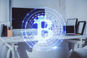 Double exposure of crypto technology theme drawing and office interior background. Concept of blockchain.