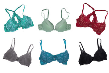 Bra set isolated. Collage of various luxurious elegant sexy colorful bra with laces and straps isolated on a white background. Fashionable women underwear. - obrazy, fototapety, plakaty