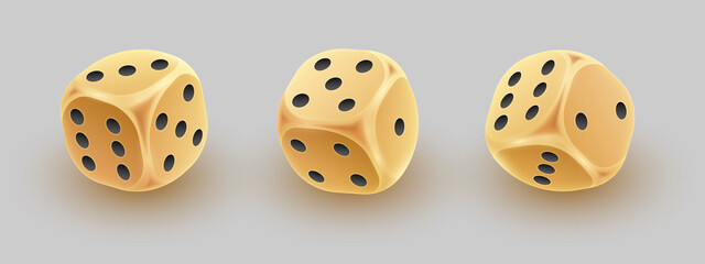 Set of 3d golden dice from three different sides on white gray background. Concept for casino, gamble design. Vector illustration for card, party, flyer, poster, decor, banner, web, advertising.