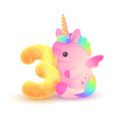 Cute plump pink unicorn with horn, rainbow hair and green number 3. Holiday, birthday  illustration for postcard greeting card, banner, decor, design, arts,  party on white background.