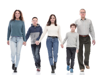 Obraz premium happy family in casual clothes walking forward.