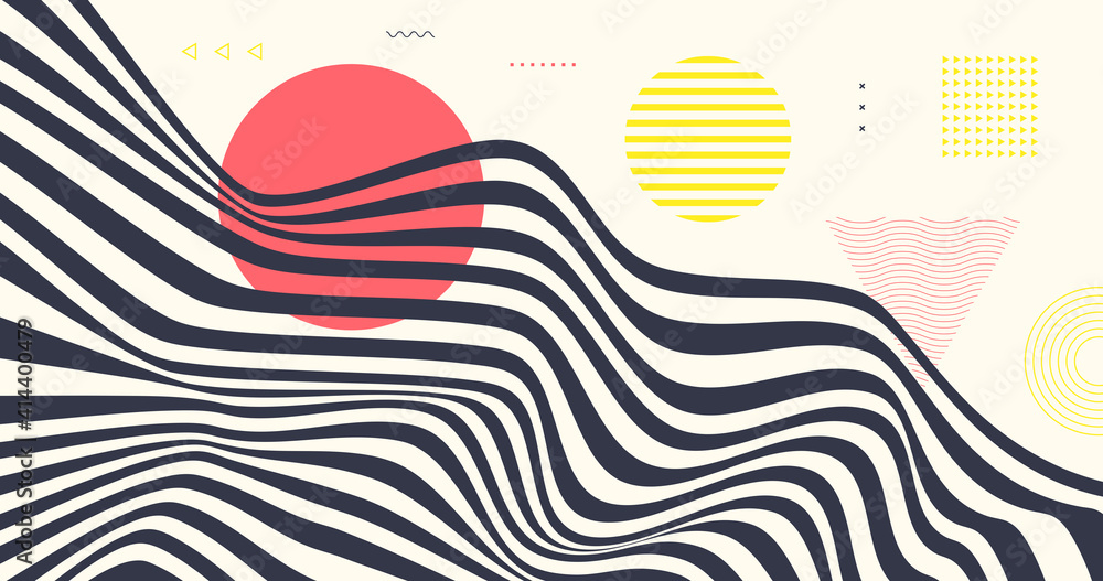 Aufkleber Abstract wavy background with circle ornaments. Distorted lines vector design. Geometric pattern.