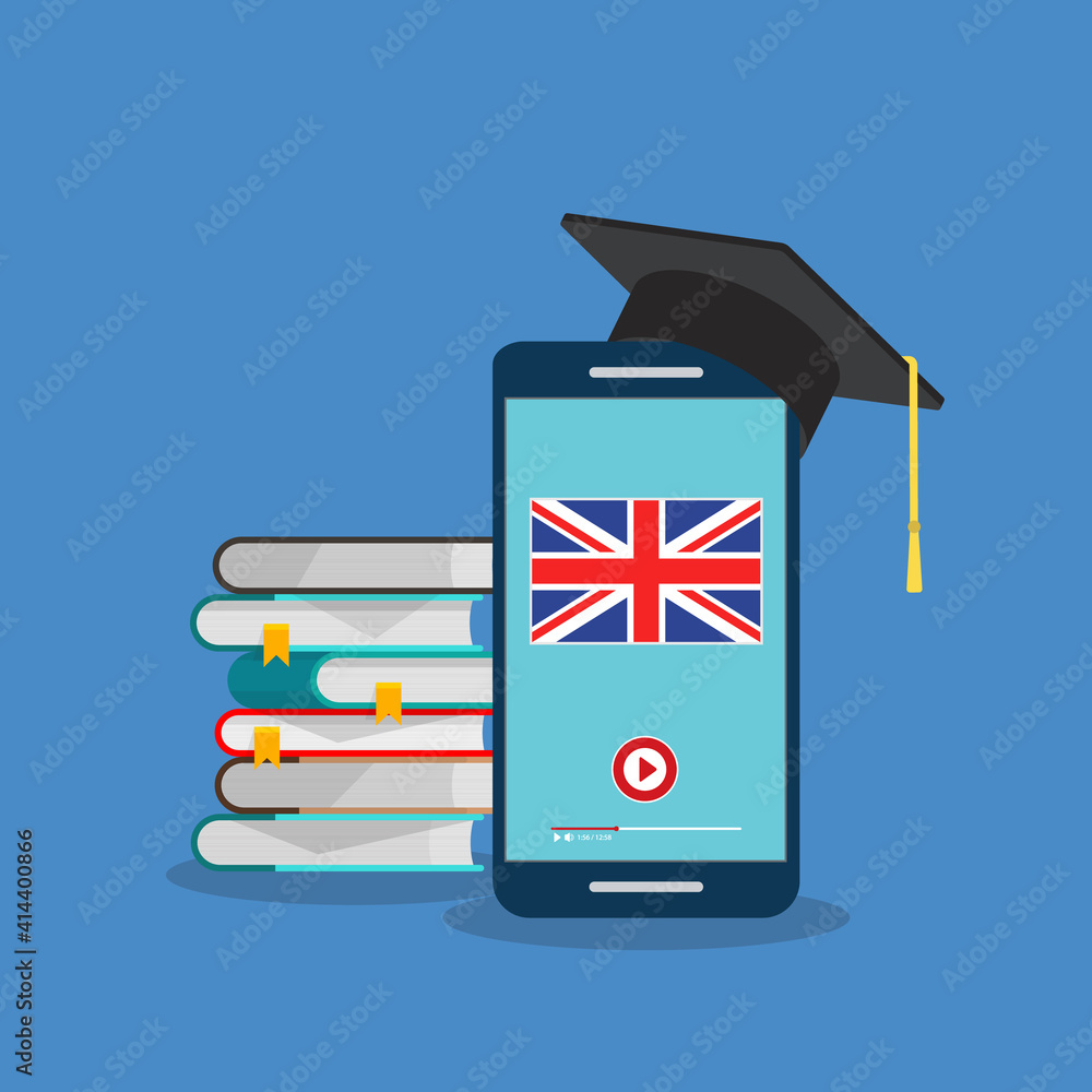 Wall mural learn english online on a smart phone. study, education of foreign language lesson. internet learnin