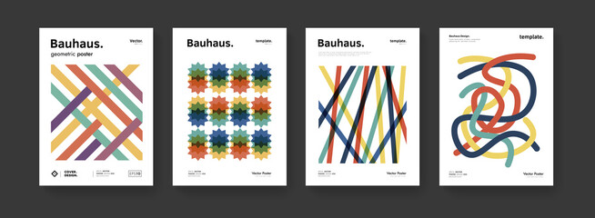Minimal bauhaus moden posters set. Abstract geometric striped pattern. Business presentation vector A4 covers collection. Simple cubism composition.