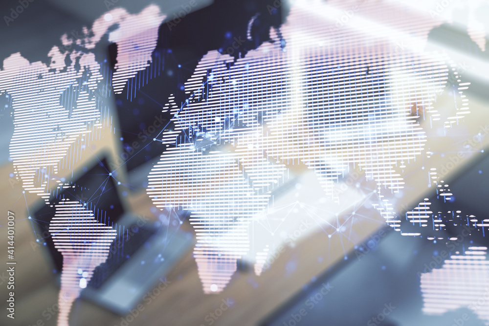 Fototapete multi exposure of abstract graphic world map and modern desktop with pc on background, big data and 