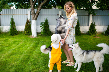 Mother and son playing with two dogs in the garden