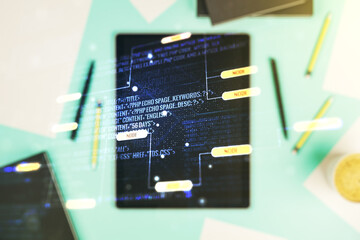 Multi exposure of abstract graphic coding sketch and modern digital tablet on desktop on background, top view, big data and networking concept