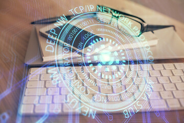 Double exposure of data theme drawing and mobile phone background. Concept of innovation