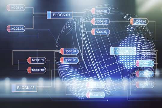 Multi exposure of abstract graphic coding sketch and world map on blurry contemporary office building background, big data and networking concept