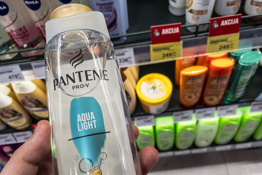 BELGRADE, SERBIA - FEBRUARY 8, 2021: Pantene Pro V products, hair repair spray and shampoo conditioner for sale. Pantene is is a cosmetics beauty hair care brand part of Procter and Gamble.