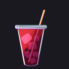 Popular soda in a glass with ice and a straw. Cinema cold soft drinks, fast food illustration. Bar menu red cocktail. Cranberry juice graphic element on black background.
