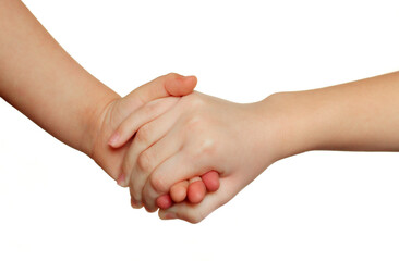 hand of a child holds a hand of a child on a white background.Friendship, love, cooperation