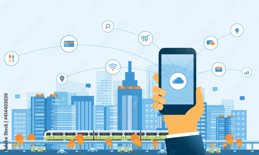 Aufkleber flat vector illustration design business smart city concept and social network connection for online