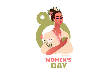 International Women Day. 8 March. Strong happy woman with flowers and the smartphone. Vector template with beautiful women for card, poster or flyer.
