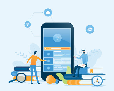 vector illustration design online education and E-learning at home and design for Webinar, online video training, tutorial podcast and business coaching concept.